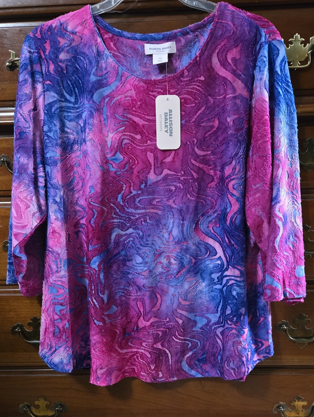 2X Allison Daley Pink Purple Blue Swirl 3/4 Length Sleeve Top